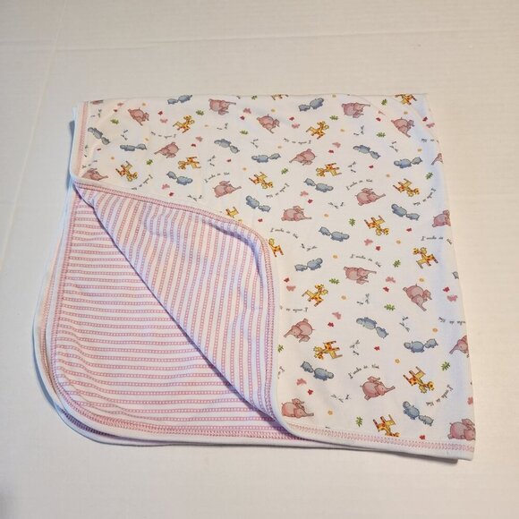 Kissy Kissy Noah's Ark baby blanket white pink giraffe elephant hippo - Picture 1 of 7